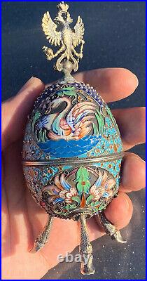 Genuine Antique Russian 84 Silver & Enameled Faberge Egg With Double Eagle