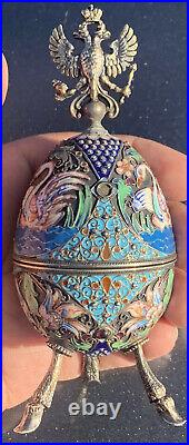 Genuine Antique Russian 84 Silver & Enameled Faberge Egg With Double Eagle