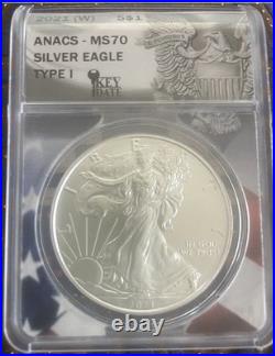 KEY DATE MS70 Perfect 2021 Certified Type I US Silver Eagle BU 999 Fine 1 Oz