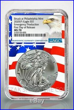 LIVE 2020 (P) $1 American Silver Eagle NGC MS70 Emergency Release Flagcore label