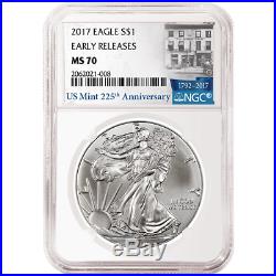 Lot of 5 2017 $1 American Silver Eagle NGC MS70 Early Releases 225th Ann. ER L