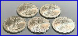 Lot of 5 BU 1 oz Silver 2007 American Eagles, 1 oz Coins. 999 Fine Silver