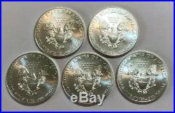 Lot of 5 BU 1 oz Silver 2014 American Eagles, 1 oz Coins. 999 Fine Silver