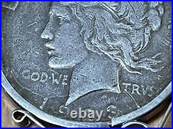 One Dollar Coin USA Peace Eagle 1923 Silver. In Silver Pendant Mount. Dia 38mm