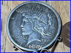 One Dollar Coin USA Peace Eagle 1923 Silver. In Silver Pendant Mount. Dia 38mm