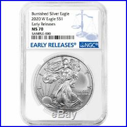 Presale 2020-W Burnished $1 American Silver Eagle NGC MS70 Blue ER Label