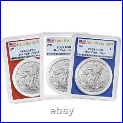 Presale 2021 $1 American Silver Eagle 3pc. Set PCGS MS70 FDOI Flag Label Red W