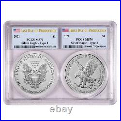 Presale 2021 $1 T1 and T2 Silver Eagle Set PCGS MS70 First and Last Day of Pro