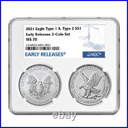 Presale 2021 $1 Type 1 and Type 2 Silver Eagle Set NGC MS70 Blue ER Label