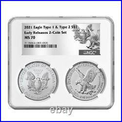 Presale 2021 $1 Type 1 and Type 2 Silver Eagle Set NGC MS70 ER T1 T2 Label