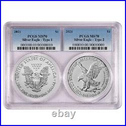 Presale 2021 $1 Type 1 and Type 2 Silver Eagle Set PCGS MS70 Blue Label