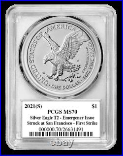 Presale 2021 (S) T2 Silver Eagle PCGS MS70 FS Emergency Issue Emily Damstra
