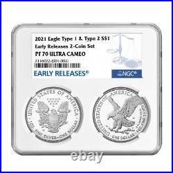 Presale 2021-W Proof $1 Type 1 and Type 2 Silver Eagle Set NGC PF70UC ER Blue
