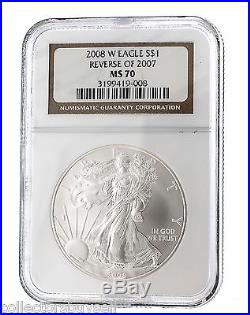 RARE 2008 W American Eagle Silver One $1 Dollar Reverse 2007 NGC MS 70 Coin