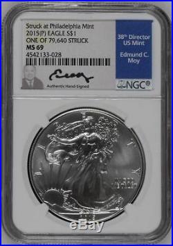 RARE 2015 (P) NGC MS-69 Silver Eagle, White Holder, Ed Moy Signed Blue Label