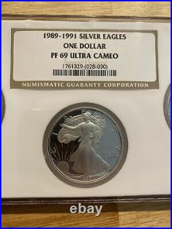 Silver Eagle Set NGC 69 PF ULTRA CAMEO 1989-1991.999 x3 Coins Collector RARE