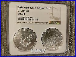 Silver Eagle USA 2021 Type 1 & Type 2 Silver Coins 1 oz NGC MS70