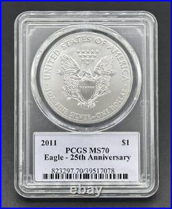 Silver eagle dollar 2011 $1 Graded 999 Type-1 25th An PCGS MS70 Signed Edition