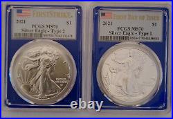 T1/p and T2/w 1oz silver eagles both PCGS MS70 best examples of this bu coin