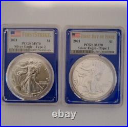 T1/p and T2/w 1oz silver eagles both PCGS MS70 best examples of this bu coin