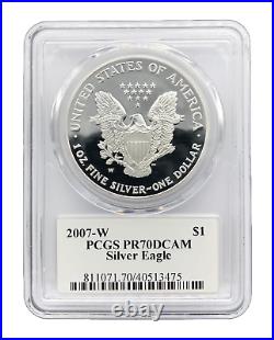 UK SELLER 2007-W $1 1oz Silver Eagle T1 FS PCGS PR70DCAM Graded Silver Proof