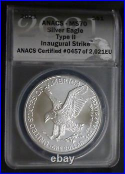 USA 2021 American 1oz Silver Eagle 2-Coin graded MS70 Boxed set Type I & Type II