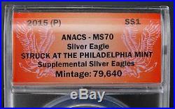 Ultra Rare Anacs Graded Perfect Ms-70 2015-p Philadelphia American Silver Eagle
